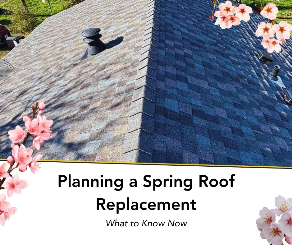 social share image that reads "planning a spring roof replacement" in salem oregonwith anewly done roof shown in the background