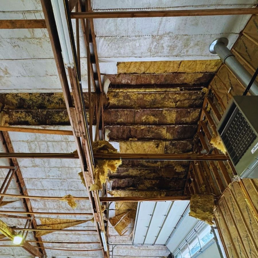 image shows falling insulation from a shop ceiling because roof rot repair is needed for their roof