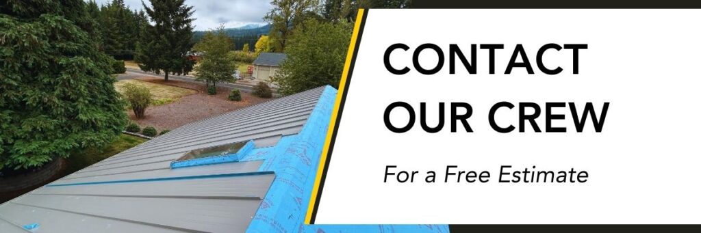 this clickable image shows a metal roof in progress from a reputable roofer Salem Oregon - with text that reads "contact our crew"