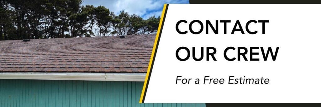 upward view of brown shingles with words that read "Contact our team for a free estimate"